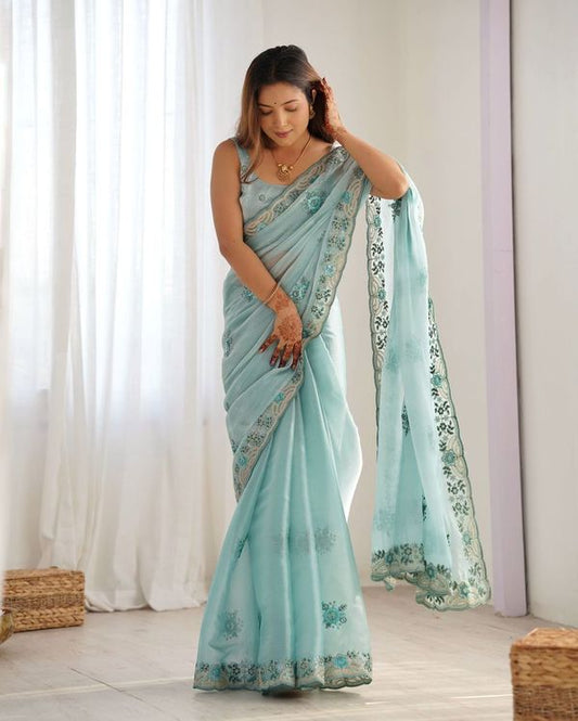 Sky Blue Color Burburry  Fabric With Coding With Sequins Embroidery Work For Graceful Wedding Looks