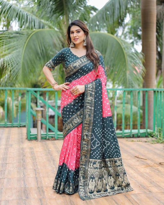 Salmon Wevon Designer & Bhandej Printed Dola Silk Saree