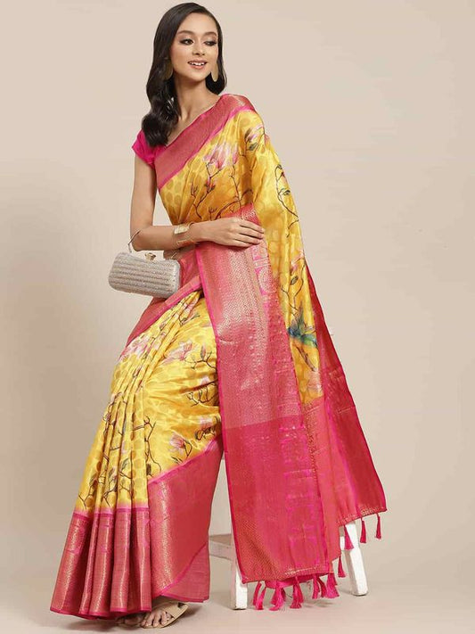 Yellow Women's Banarasi Art Silk Digital Print Saree