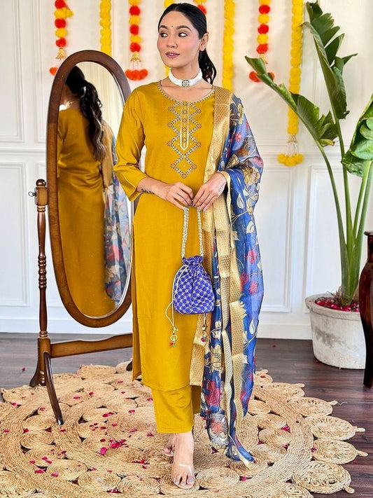 Beautiful Mustard Color Viscose Chanderi Fabric Graceful Embroidered Readymade Suit