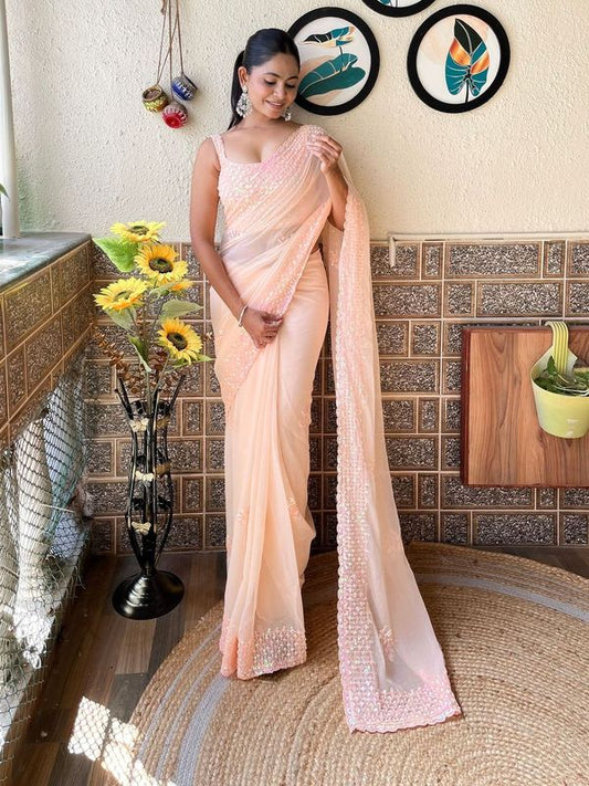 Peach Color Georgette Fabric Beautiful Sequins Embroidery Cut Work Girlie Saree