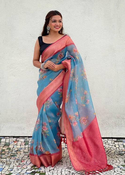 Blue Wevon Designer & Floral Printed Crush Tissue Saree