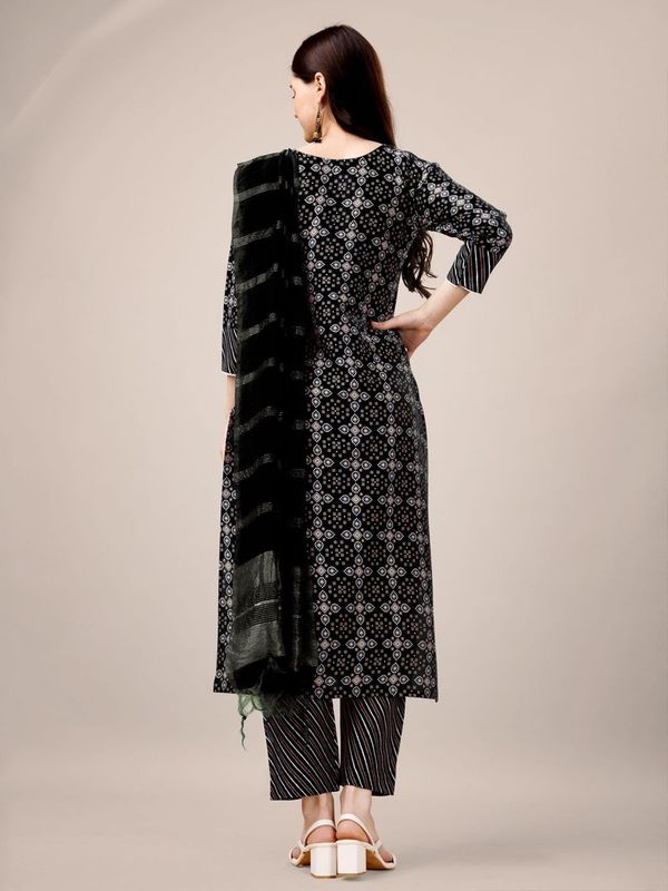 Black Color Rayon Fabric Designer Printed Readymade Suits With Smart Embroidery Work