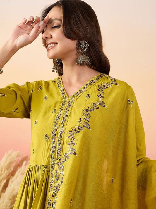 Yellow Color Beautiful Woven Silk Readymade Suit with Festive Thread Embroidery Work