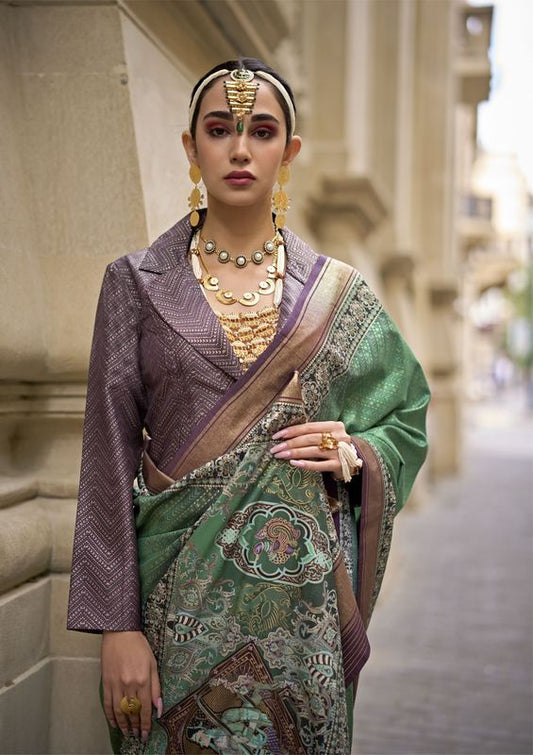 Green Weaving Jari Designer & Printed P V Silk Saree