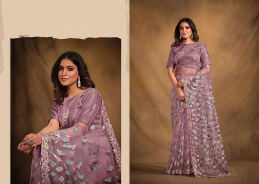 Onion Designer Embroidery & Stone Work Velvet Texture Net Saree