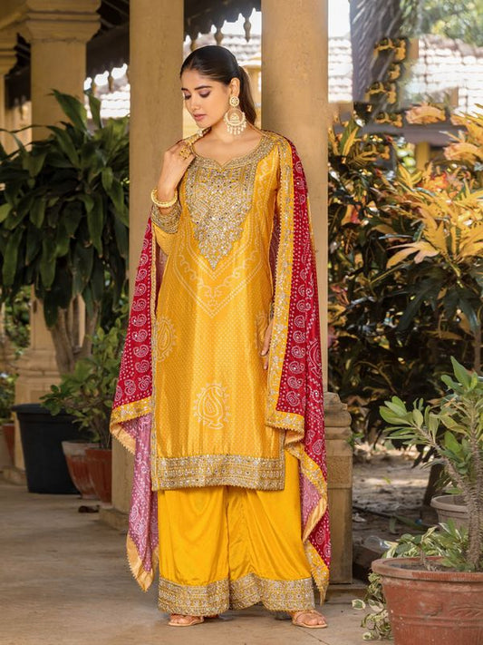 Yellow Chinon Bandhani Printed Heavy Salwar Kameez With Jari And Mirror Embroidery Work