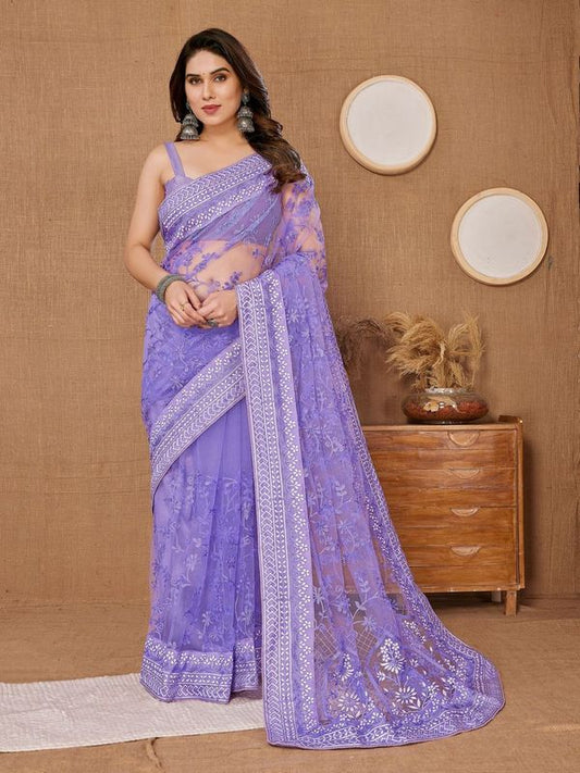 Voilet Designer Thread Embroidery Work Soft Net Saree