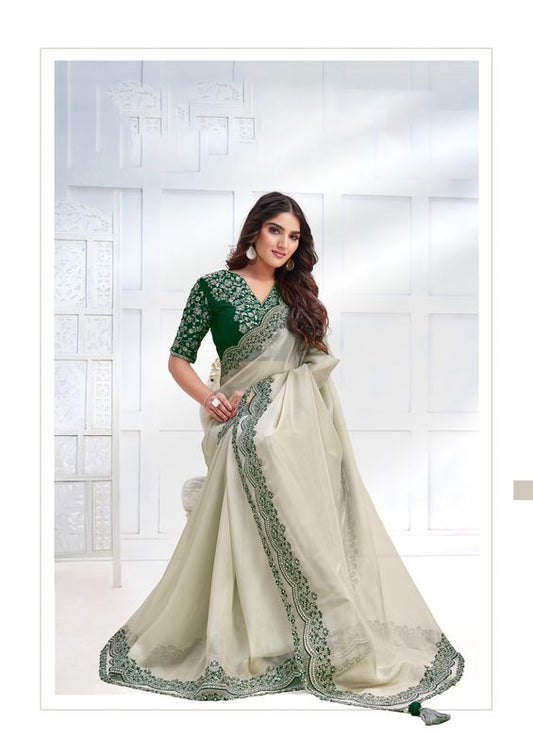 Off White Cord & Sequence Embroidered Work Net Organza Georgette Saree