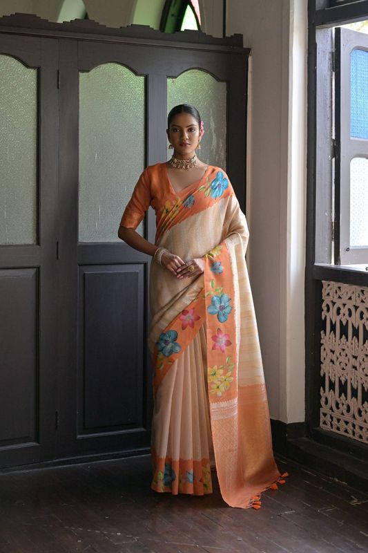 Beautiful Orange Color Soft Silk Classy Rich Woven Printed Saree