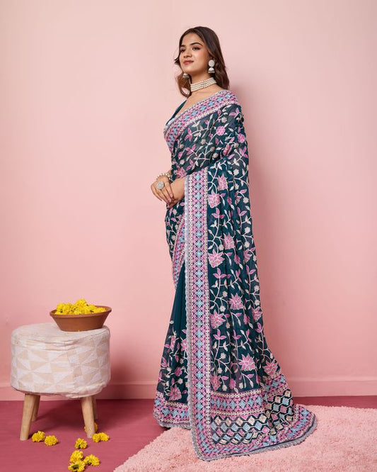 Teal Multy Thread Embroidery Work Georgette Saree