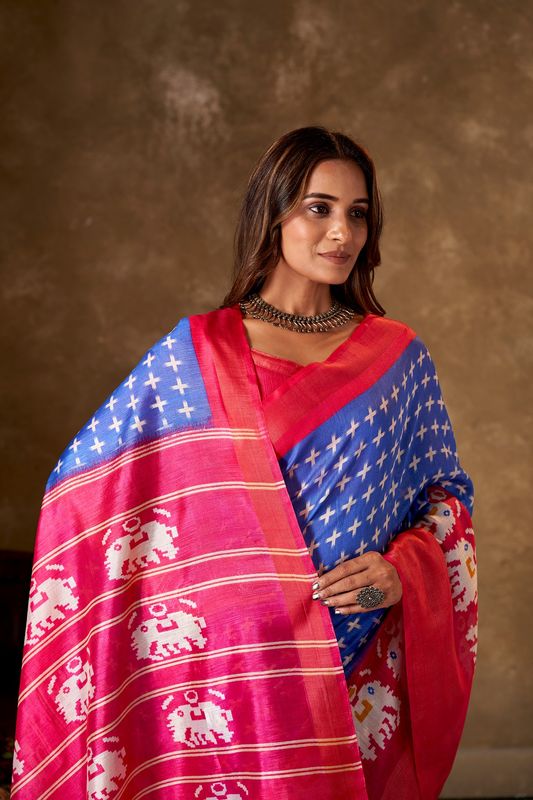 Blue Cotton Printed Saree and Stitched Pink Blouse