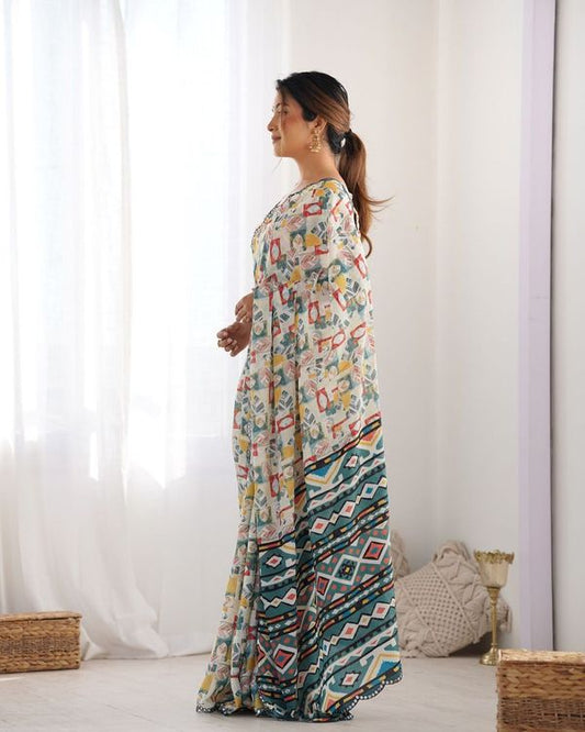 Off White Designer Digital Printed & Mirror Cut Work Chinon Saree