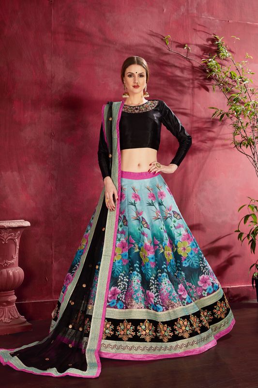 Blue-Multicolor Women's Heavy Silk Embroidery Lehenga Choli