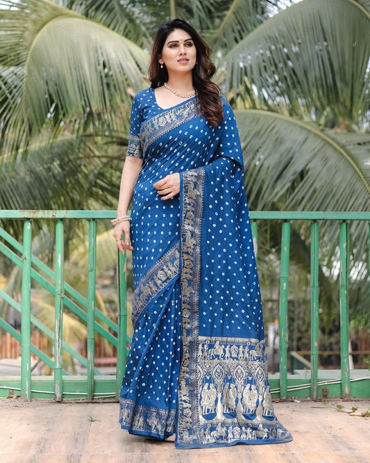 Blue Color Dola Silk Fabric Wevon Border Pallu Designer With Bandhej Work Saree