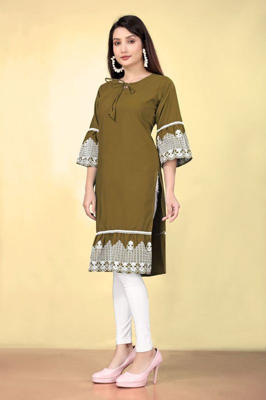 Green Cotton Fabric Thread Embroidery Work Kurti For Formal Looks