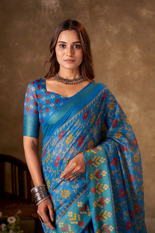 Blue Cotton Printed Saree and Stitched Blue Blouse