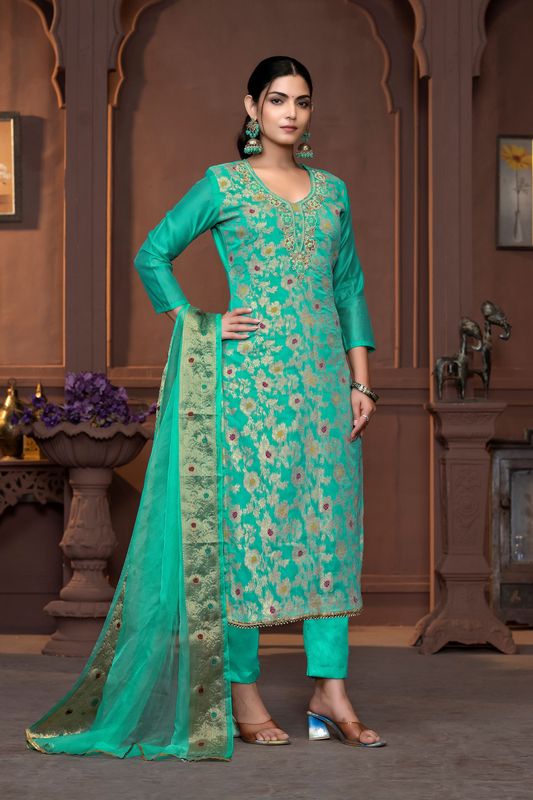 Sea Green Muslin Cotton Wevon Designer With Hand Work Graceful Wedding Wear Salwar Kameez