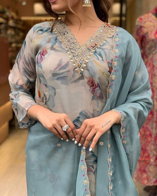 Blue Organza Straight Kurta