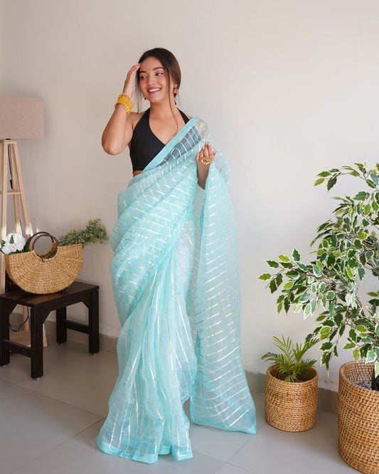 Sky Blue Silver Gota Embroidery Work Organza Saree