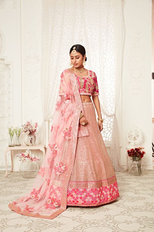 Pink Women's Soft Net Embroidery Lehenga Choli