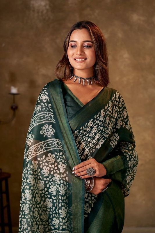 Dark Green Cotton Printed Saree and Stitched Dark Green Blouse