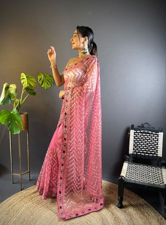 Pink Color Butterfly Net Fabric Embroidery Work Ceremonial Saree