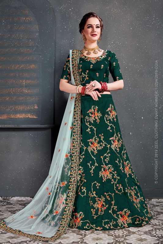 Green Women's Tafeta Satin Silk Embroidery Lehenga Choli