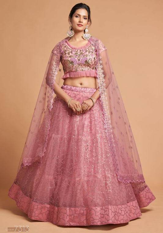 Blush Pink Women's Soft Net Embroidery Lehenga Choli