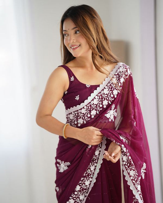 Graceful Wine Color Georgette Fabric Thread And Sequins Embroidery Work Saree