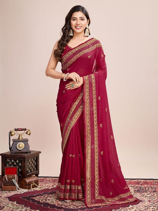 Red Vichitra Silk Girlie Looks Designer Embroidery Work Wedding Season Saree