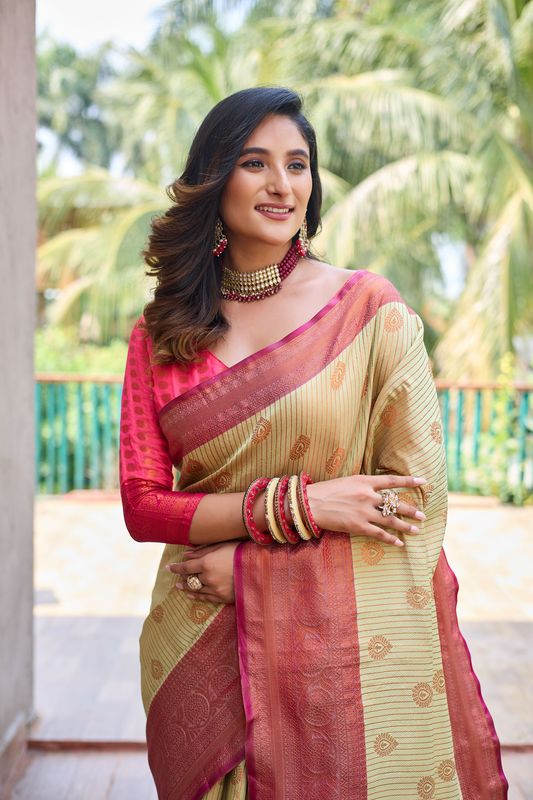 Cream Wevon Jari Designer Kanchi Silk Saree