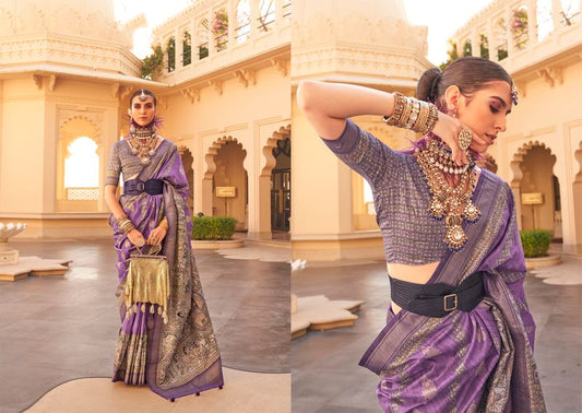 Purple Wevon Border Designer & Printed P V Silk Saree