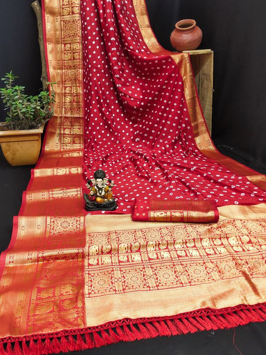 Maroon Wevon Jari Heavy Designer & Bandhej Work Kanjivaram Silk Saree