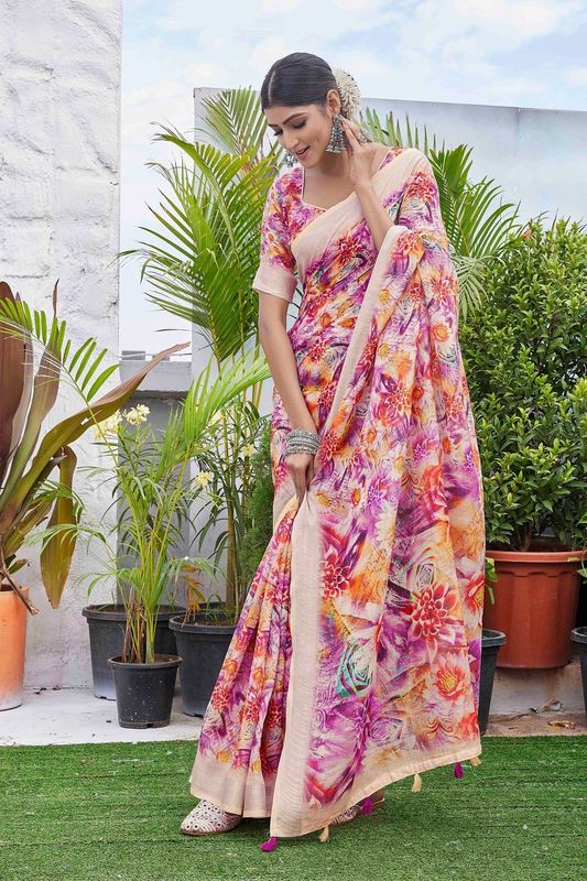 Purple Color Linen Blend Smart Ethnic Saree With Trendy Digital Print Work