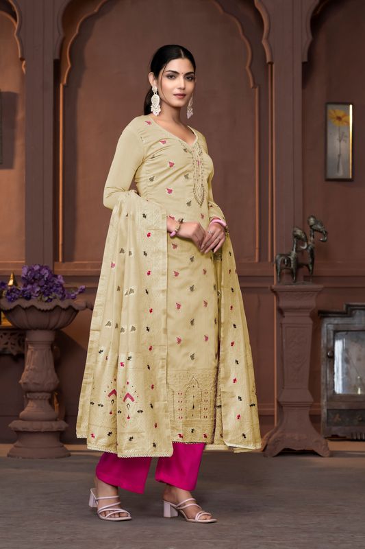 Cream Muslin Wevon Designer With Hand Work Ethnic Designer Salwar Kameez