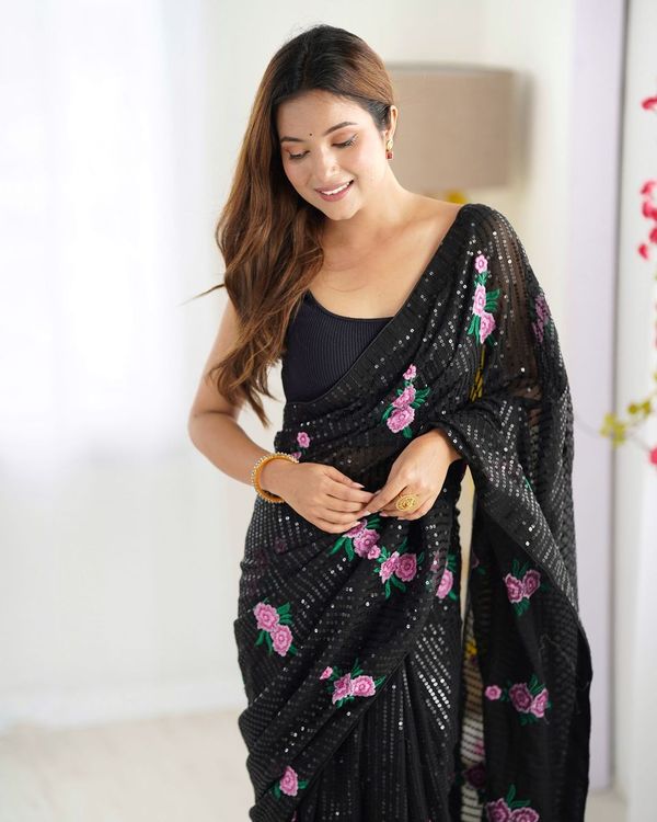 Black Georgette Thread And Sequins Embroidery Work Glamorous Partywear Saree