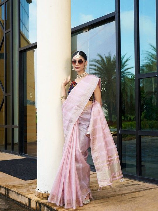 Pink Khadi Striped Saree and Stitched Multi Blouse