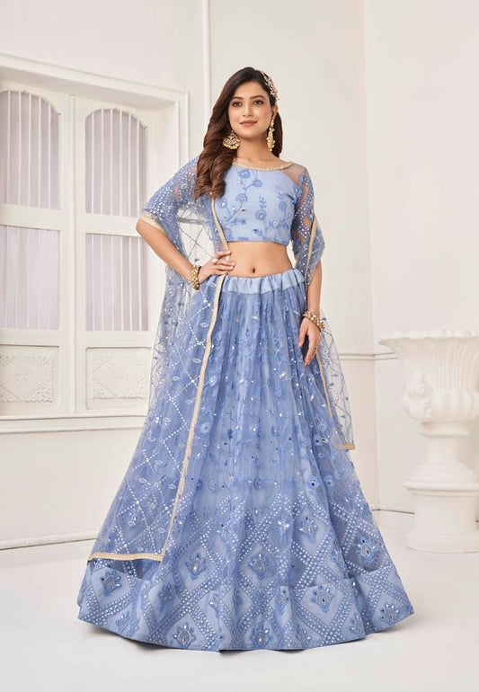 Neon Blue Color Net Fabric Lahenga With Sequins And Thread Embroidery Work