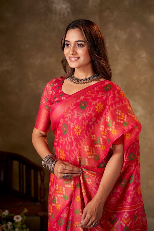 Pink Cotton Printed Saree and Stitched Pink Blouse