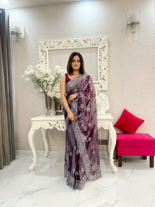 Purple Printed & Silver Jari Embroidery Work Jimmy Choo Saree