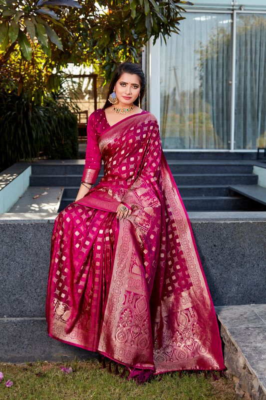 Burgundy Heavy Jacquard Weving Designer Satin Silk Saree