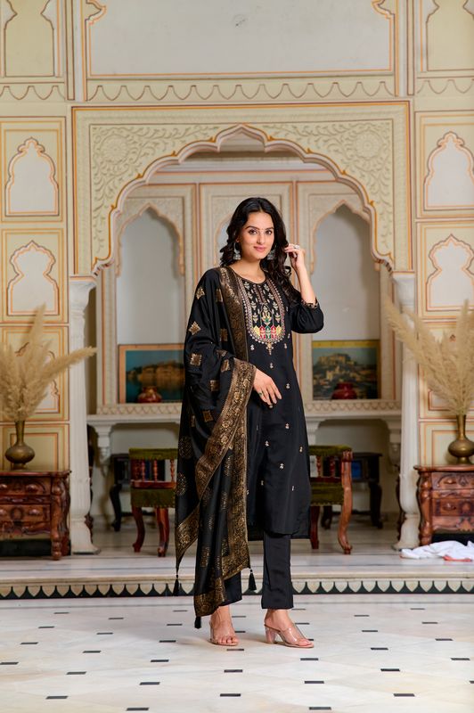 Black Chanderi Silk Straight Kurta