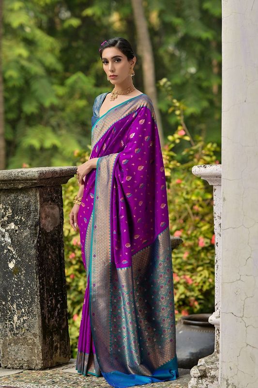 Wine All Over Zari Woven Leaf Design With Contrast Flower Zari Woven Pallu Saree