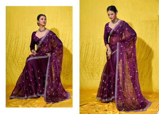 Purple Silver Jari & Sequance Embroidery Work Burberry Silk Saree