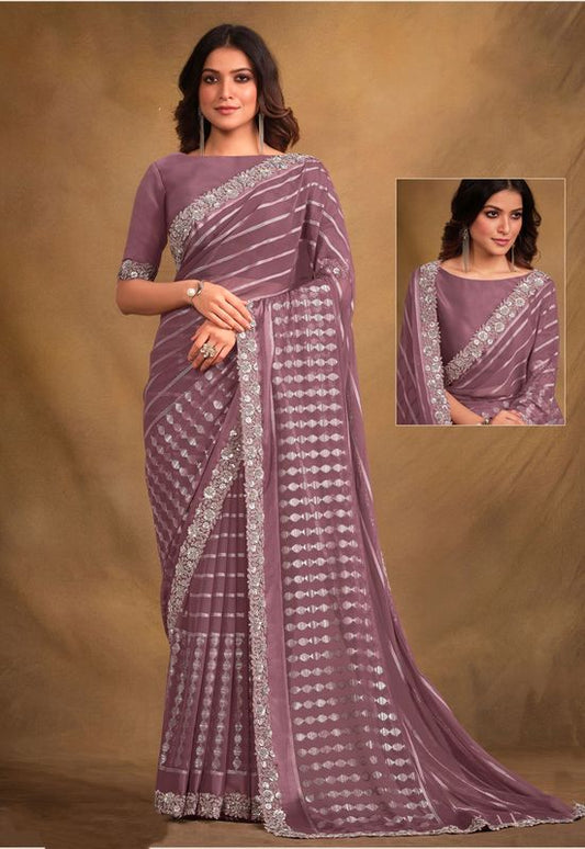 Onion Designer Embroidery & Stone Work Georgette Kasab Saree