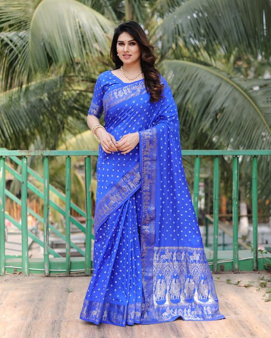 Blue Color Dola Silk Fabric Wevon Border Pallu Designer With Bandhej Work Saree