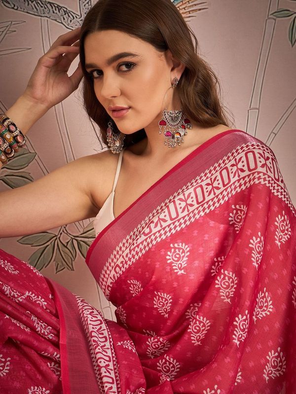 Pink Color Digital Printed Designer Linen Fabric Graceful Saree
