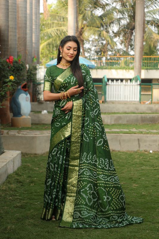 Green Wevon Border Designer & Handmade Bandhej Printed Handloom Silk Saree