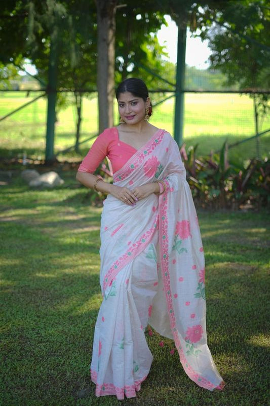 Rich Looks Floral Printed Off White Color Muga Cotton Saree For Sophisticated Looks